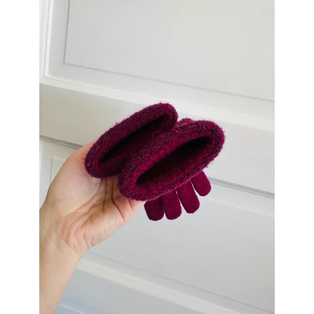 Plum Burgundy Cable Knit Layered Arm Warmer Full Finger Gloves Winter Warm